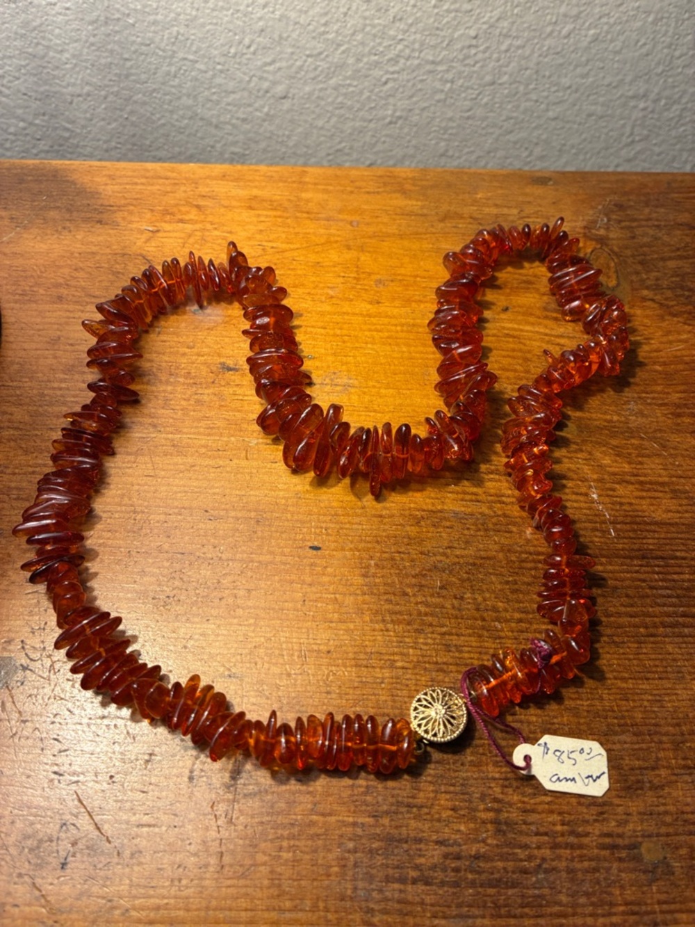 Antique Amber Chip Necklace - Rich Cognac Red with Decorative Clasp